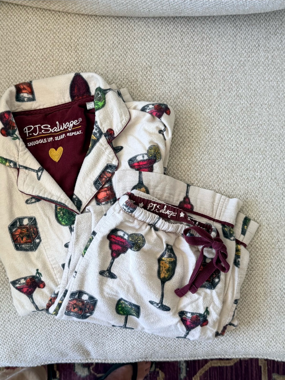 P.J. Salvage Women’s soft flannel cream color with cocktail print Pajama Set